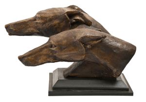 A bronze resin sculpture of the heads of two greyhounds, black painted wood base, 28cm h Good