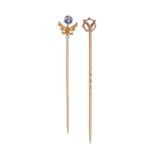 A gold stickpin, with coral and seed pearl terminal, 56mm, another and a smaller example with