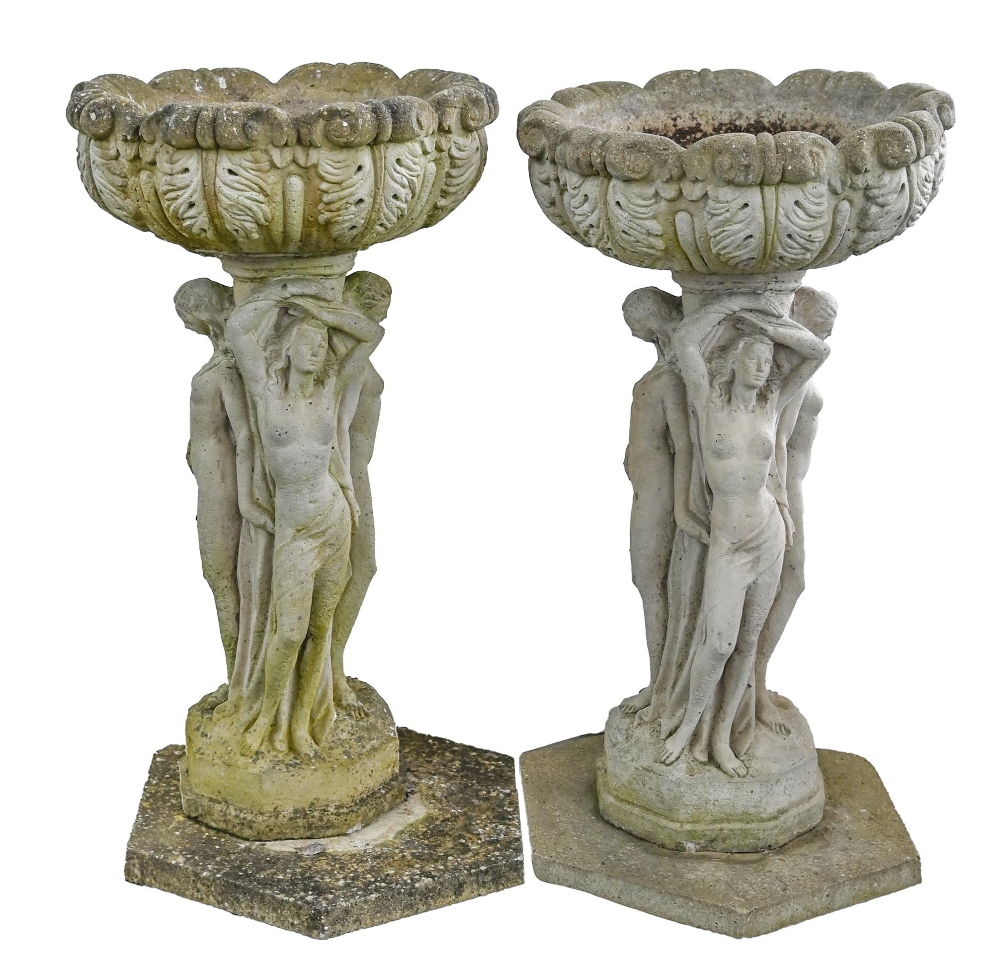 A pair of reconstituted shallow planters on  neo classical style figural bases,  89cm h One slightly