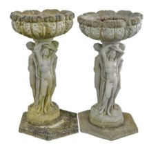 A pair of reconstituted shallow planters on  neo classical style figural bases,  89cm h One slightly