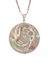 A jewelled 15ct gold mounted jade pendant, 31mm diam and 9ct gold necklet with base metal clasp,