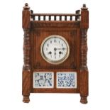 An Aesthetic Movement oak and blue and white tile-inset mantel clock, J W Benson, 25 Old Bond