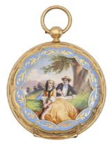 A Swiss hunting cased gold and enamel cylinder lady's watch, Lebet & Fils, 19th c,  with enamel