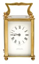 A French brass carriage timepiece, early 20th c, the enamel dial signed for Hamilton & Co, Calcutta,