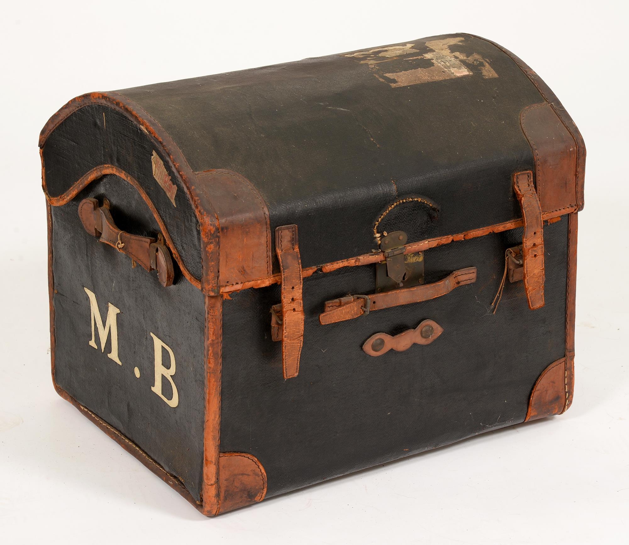 A Victorian leather bound canvas covered dome top cabin trunk, bearing initials M.B. and trade label - Image 2 of 2