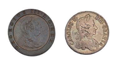 Silver coin. Charles II Crown 1671, TERTIO, early graffiti to portrait and George III copper '