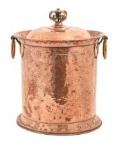 An Edwardian copper coal box and cover, Henry Loveridge & Co, c1902, with ring handles, 41cm h,