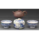 A Chinese Yixing stoneware teapot and cover, 80mm h, seal mark, a pair of Chinese blue and white