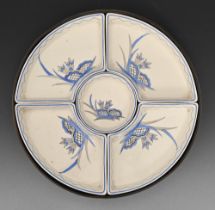 A Booths Art Deco earthenware Rock Rose pattern hors d'oeuvres set and laminated wood tray, c1930,
