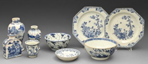 A pair of Chinese export blue and white octagonal plates, tea caddy and cover, bowl, saucer and