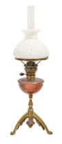 A brass and copper oil lamp attributed to W A S Benson, burner stamped PATENT, 32.5cm h excluding