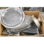 Miscellaneous plated ware, mid 20th c and later, including a pair of wine coasters, tea tray with