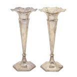 World War One. A pair of George V silver vases, on hexagonal foot, 29cm h, by James Deakin & Sons,