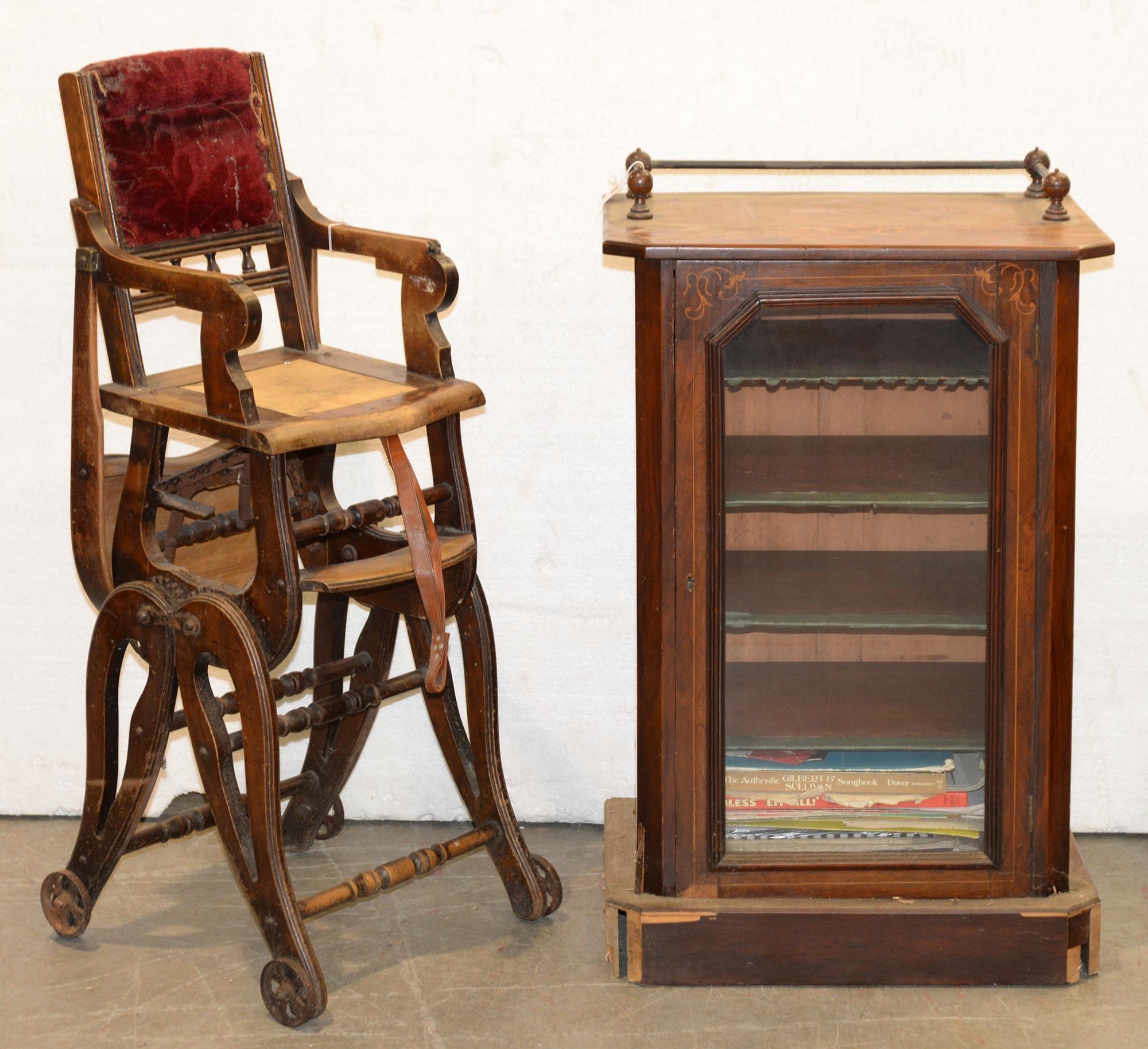 A Victorian walnut and inlaid music cabinet and an Edwardian stained beech child's high chair (2)