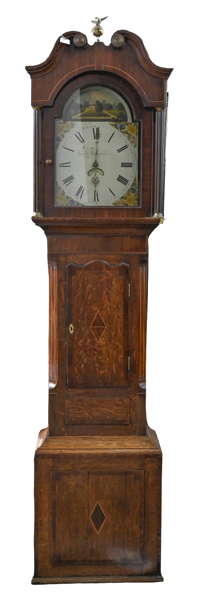 An oak and inlaid mahogany longcase clock,   19th c, thirty hour, the painted dial inscribed Wm