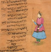 Indian School - Illuminated Manuscript Leaf, with a Mughal man bearing a spear and Sandskrit