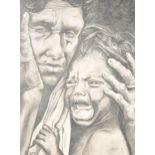 Tassos Severis, 20th c - Refugees, signed and dated '77, pencil on paper, 51 x 36.5cm
