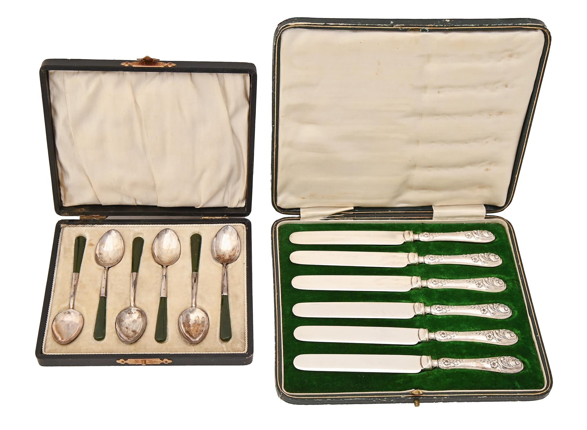 A set of six George V nephrite handled silver coffee spoons, by William Devenport, Birmingham