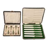 A set of six George V nephrite handled silver coffee spoons, by William Devenport, Birmingham