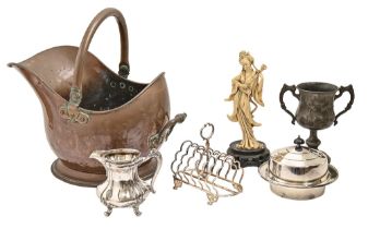 Miscellaneous metalware, to include an Art Deco plated muffin dish, Victorian toast rack and