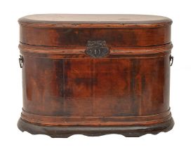 A Chinese varnished wood box, 19th / 20th c, with rounded ends, plush lined, 32cm h Minor knocks and