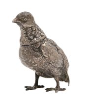 A German silver partridge novelty condiment bottle, the head forming the cover, 10cm h, import