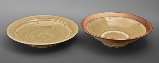 Studio pottery. Stephen Parry (1950 - ) - Dish and Bowl, thrown stoneware in ash glaze, 34 and 35.