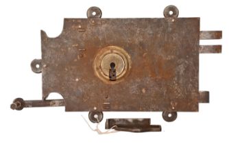 A brass mounted steel rim lock, early 19th c, with bolt 33 x 20cm Condition evident from image