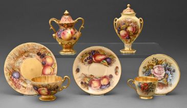 A Coalport pot pourri vase and cover, late 20th c, painted by R Budd, signed, with fruit, 14cm h,