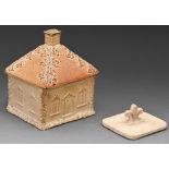 An English saltglazed brown stoneware cottage tobacco box, cover and unglazed weight,