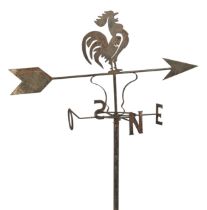 A wrought iron crowing cock weather vane, mid 20th c, 68cm h, dart 118cm l, and a supporting tube