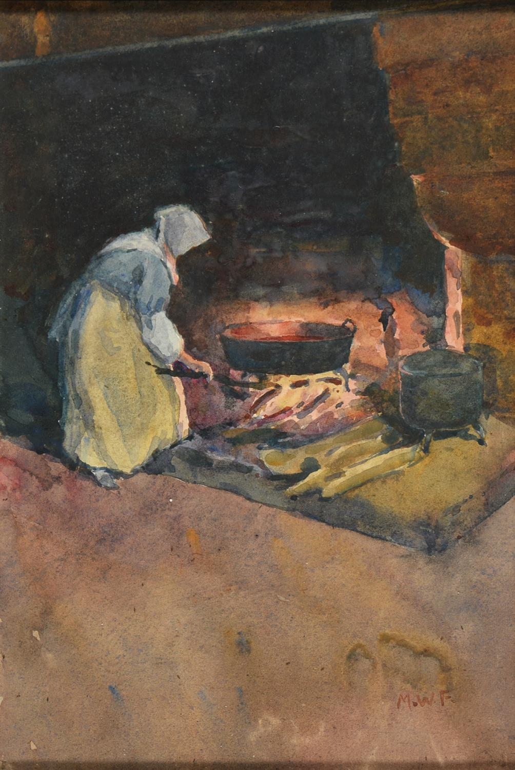 English School, early 20th c - Tending the Fire; Nursing the Baby, a pair, both signed with initials - Image 4 of 6