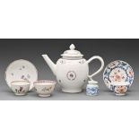 A Chinese export porcelain honey rose teapot and cover, c1780, 18cm h, two contemporary tea bowls