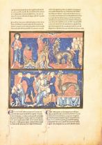 A pair of prints after a illuminated medieval Apocalypse manuscript, 20th c, off-sets, picked-out in