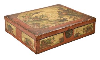 A George II red japanned lace or other box, decorated with birds and peonies in landscapes and black