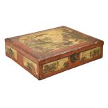 A George II red japanned lace or other box, decorated with birds and peonies in landscapes and black