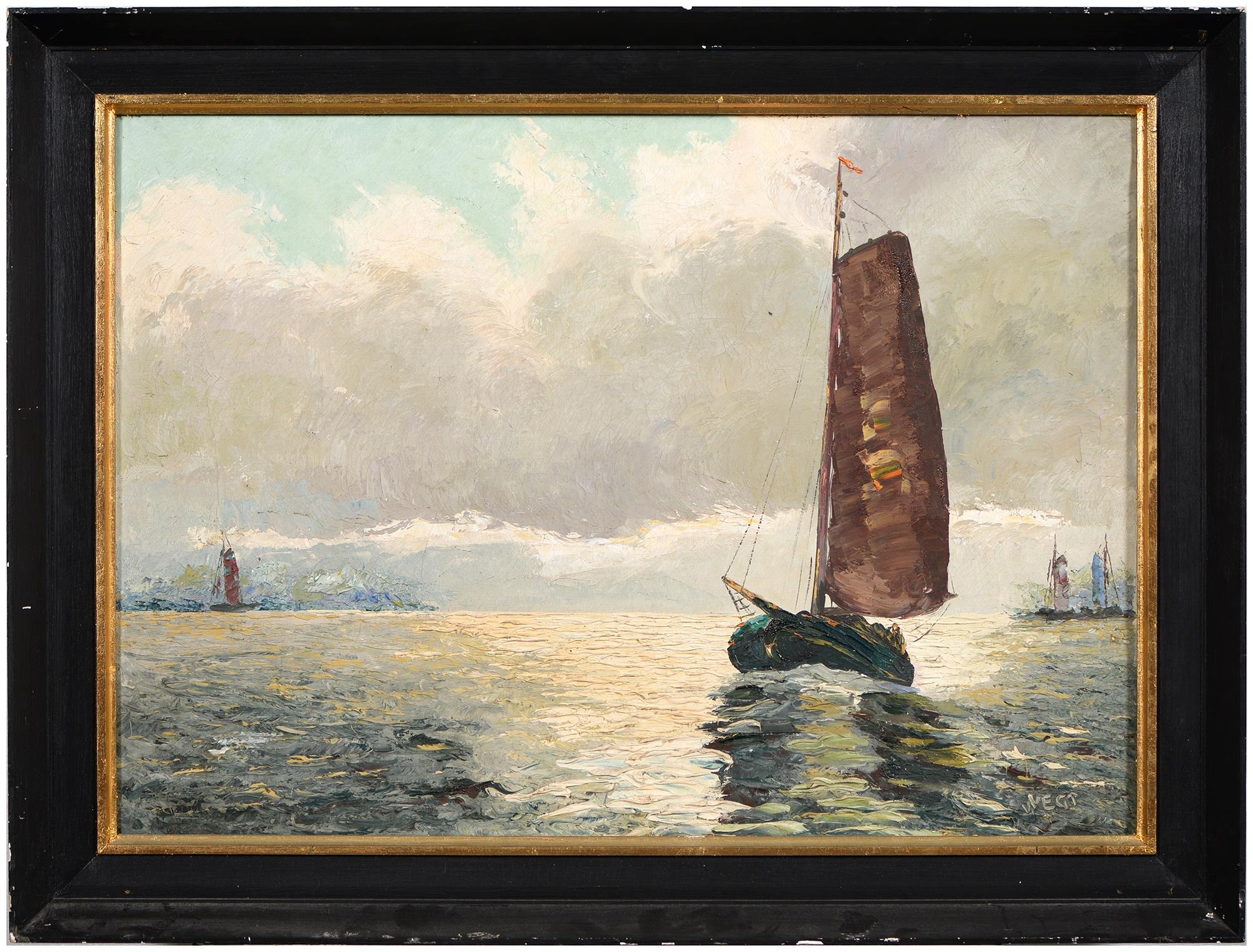 Vegt, Dutch Maritime Artist, early-mid 20th c - Schooners at Sea, signed, oil on canvas, 49 x 69cm - Image 2 of 3