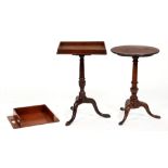 A George III mahogany tilt top tripod table, on turned pillar, 69cm h, a Victorian mahogany tripod