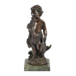 A bronze figure of a cherub on green marble base, 28cm h, a hardstone carving of a hunter and his
