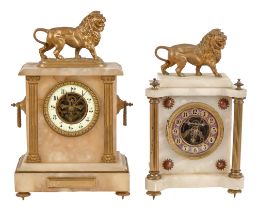 A French alabaster and giltmetal architectural mantel clock, early 20th c, mounted with a lion,