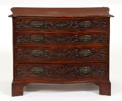 A George III carved mahogany serpentine chest of drawers, on bracket feet, 86cm h; 109 x 56cm Damage