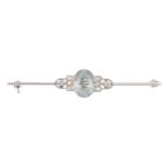 An Art Deco diamond and aquamarine bar brooch, in white gold, 51mm l, marked 14ct, 3g Good