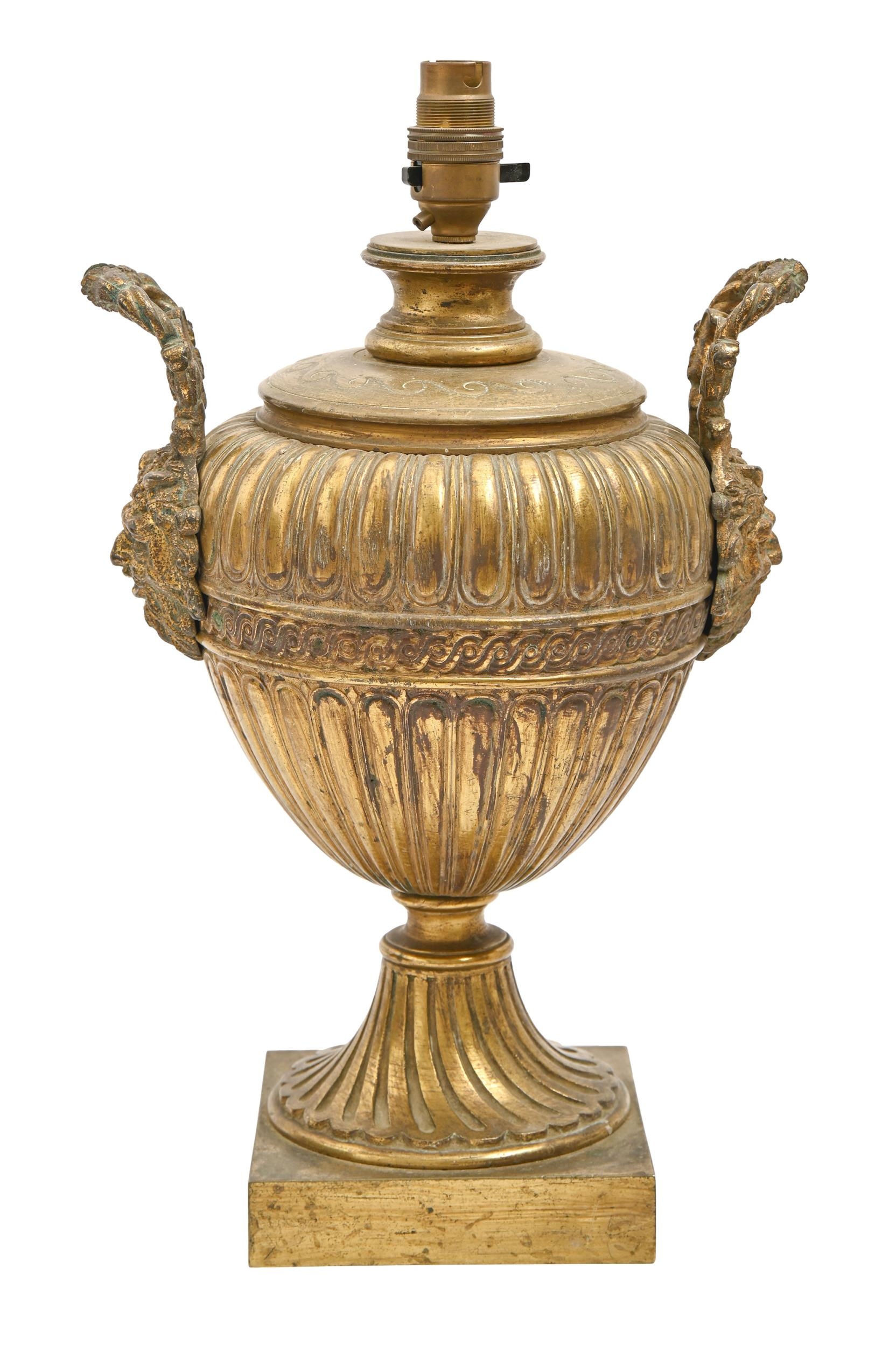 A gilt lacquered brass neo classical style urn lamp with satyr mask handles, c1900, 32cm h excluding