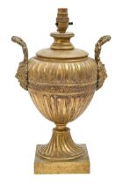 A gilt lacquered brass neo classical style urn lamp with satyr mask handles, c1900, 32cm h excluding