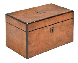 A Victorian walnut tea chest, the divided interior retaining pair of covers with mother of pearl