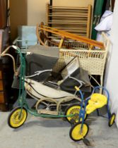 Miscellaneous items, including a 1960s Ryders pram, a wicker child's cot, a painted child's