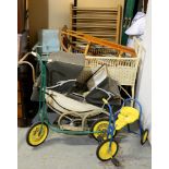 Miscellaneous items, including a 1960s Ryders pram, a wicker child's cot, a painted child's