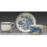 A Worcester chrysanthemum moulded blue and white coffee cup, c1770, painted open crescent and a