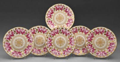 A set of six Chelson bone china dessert plates, c1930, painted after Spode with roses and gilt