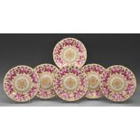 A set of six Chelson bone china dessert plates, c1930, painted after Spode with roses and gilt